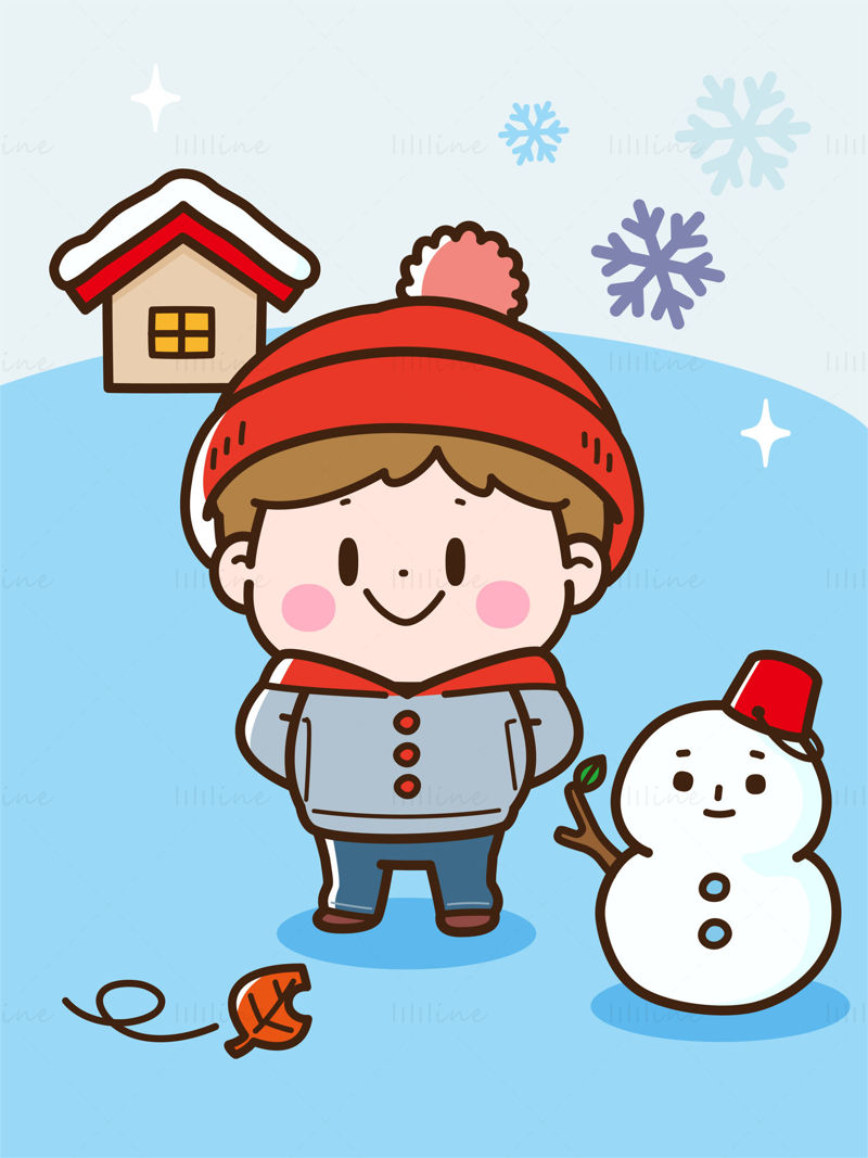 Boy with red hat, snowflake, snowman, small house with fallen leaves, winter elements vector