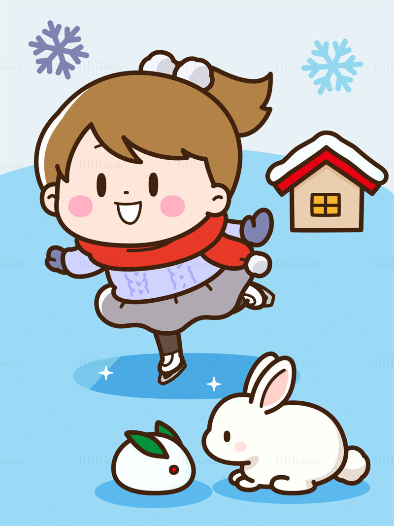 Girl wearing a scarf and a pet bunny in the ice and snow, skiing and skating, snowflakes, snowman, small house, winter elements vector