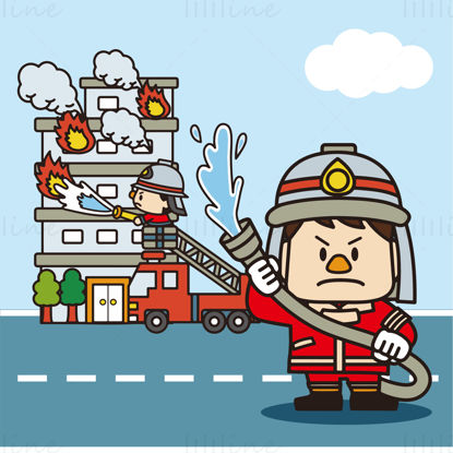 Firefighter holding fire extinguisher water pipe fire truck fire ladder sprinkler fire extinguishing element vector