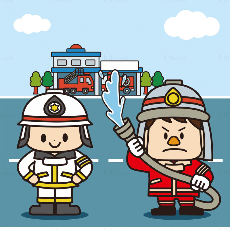 Two firefighters holding fire extinguishers water pipes fire station elements vector