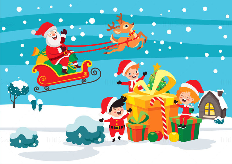 Santa Claus rides an elk and pulls gifts. Children are happy. Holiday elements vector