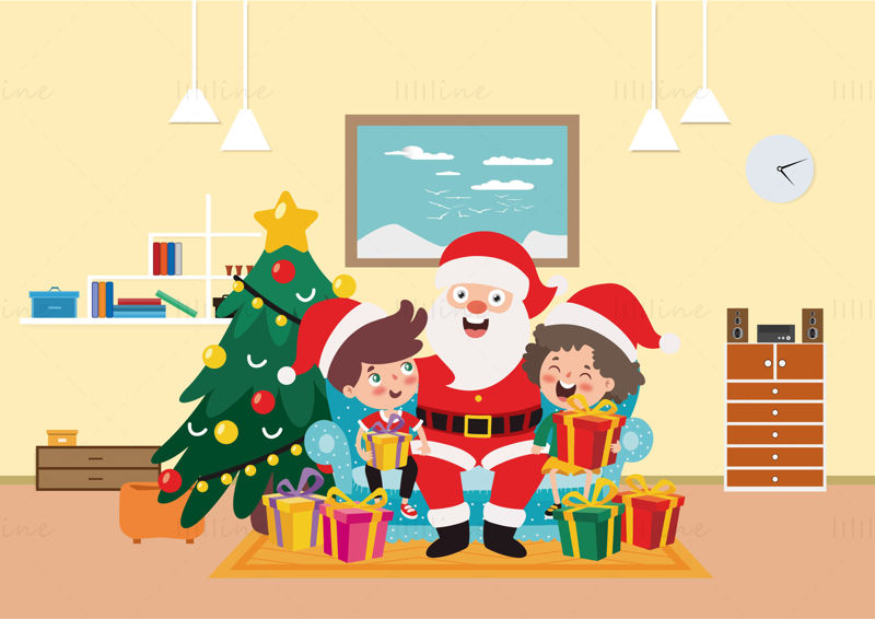Christmas Santa Claus gives gifts to children and hugs children with ...