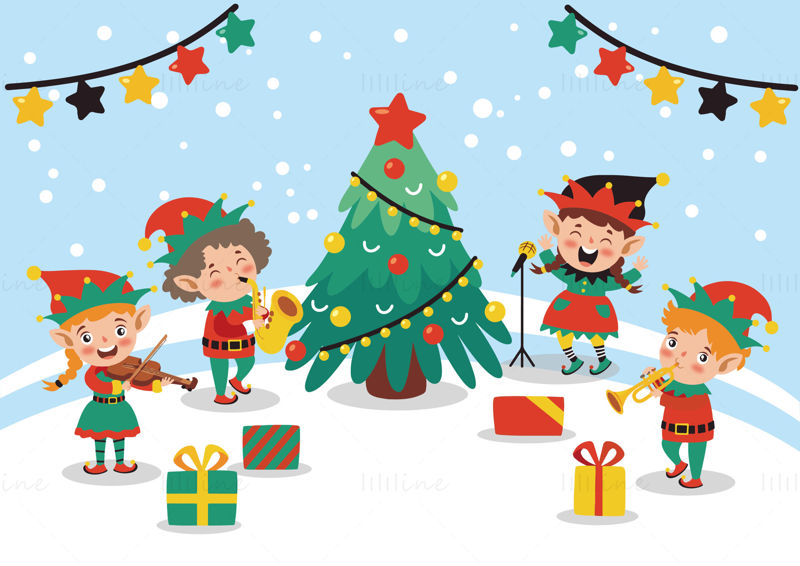 Christmas children singing Christmas tree elements vector