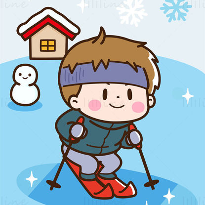 Boy with headband skiing in the ice and snow with snowflakes and snowman little house winter elements vector illustration