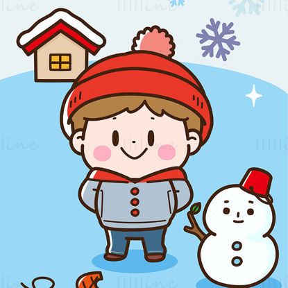 Boy with red hat, snowflake, snowman, small house with fallen leaves, winter elements vector