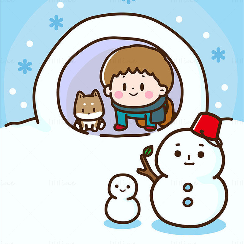 Boy in the ice and snow with his pet dog Shiba Inu digging snow house snowflake snowman small house pink gloves winter elements vector
