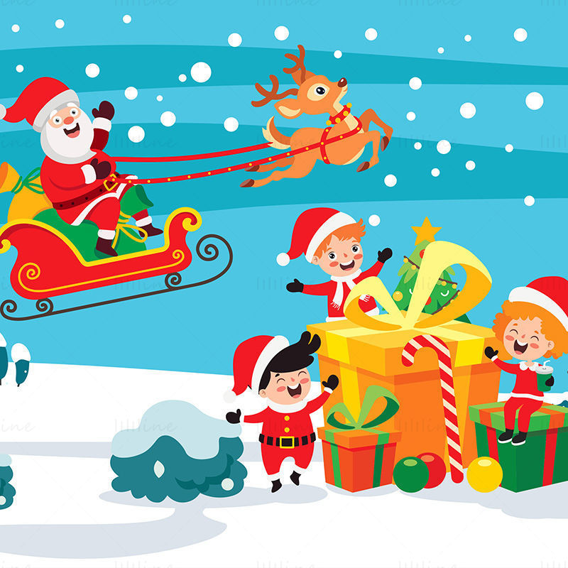Santa Claus rides an elk and pulls gifts. Children are happy. Holiday elements vector