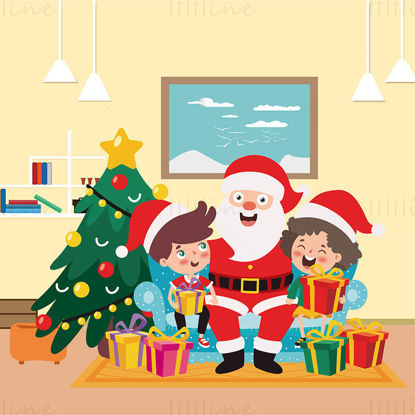 Christmas Santa Claus gives gifts to children and hugs children with Christmas tree elements vector