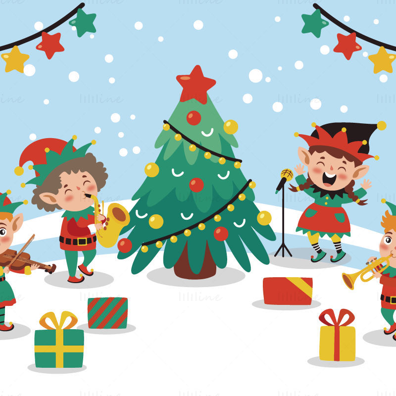 Christmas children singing Christmas tree elements vector
