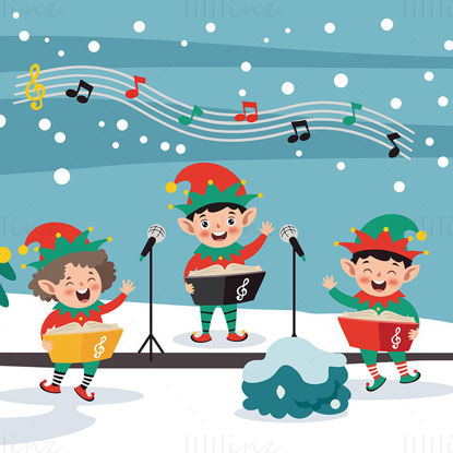 Christmas children singing hymns Christmas tree music elements vector