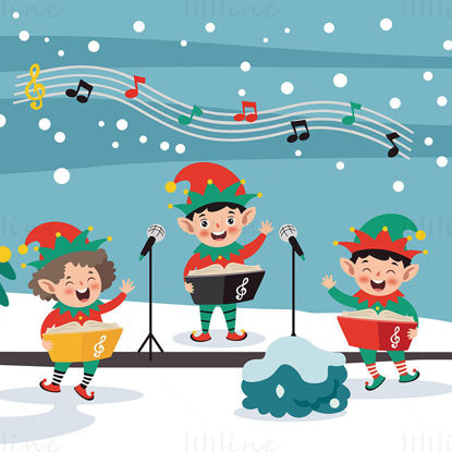 Niños de Navidad cantando himnos Vector de elementos musicales del árbol de Navidad