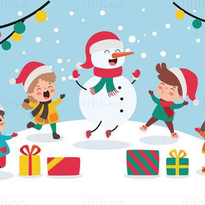Julebarn som lager snømenn som synger og danser juleelementer vektor