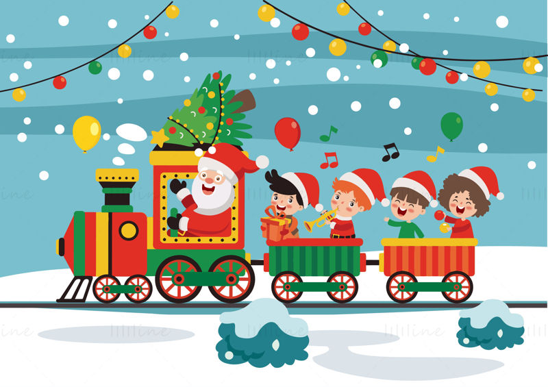 Santa Claus conduce un tren y los niños entregan regalos y cantan vectores de elementos navideños