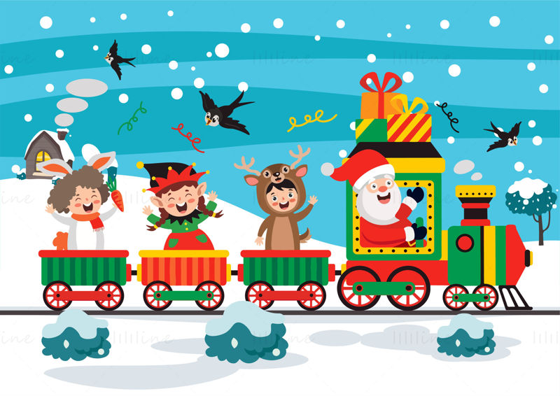 サンタ クロースは贈り物を運ぶ小さな電車を運転し、子供たちをクリスマスを祝うために連れて行きます。ツバメ動物の人形衣装ホリデー要素ベクトル