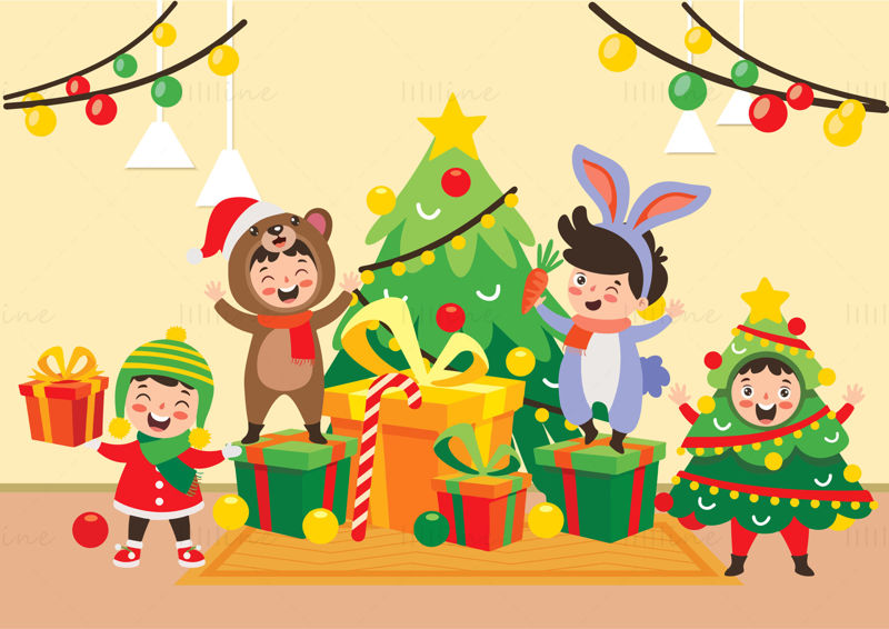 Los niños navideños reciben regalos navideños, árboles de Navidad, títeres de animales, vectores de elementos navideños