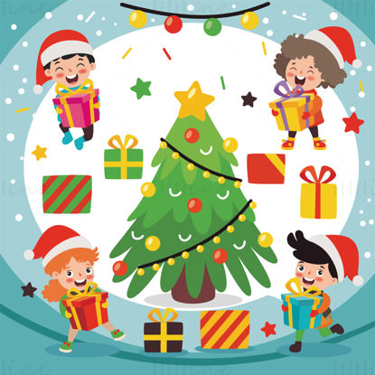 I bambini di Natale ricevono regali di Natale Vettore degli elementi natalizi dell'albero di Natale