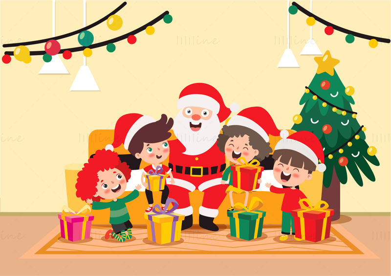 Vier kinderen die rond de kerstman zitten bij de kerstboom en verhalen vertellen met kerstcadeaus, vakantie-elementen vector