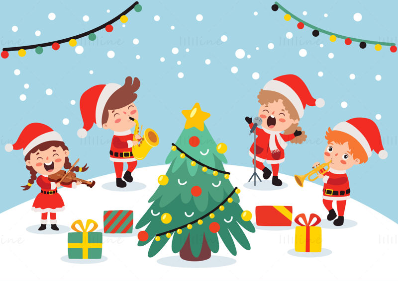 Karácsonyi piros ruhát viselő gyerekek hangszeren játszanak és énekelnek karácsonyfa ünnep elemeit vektor