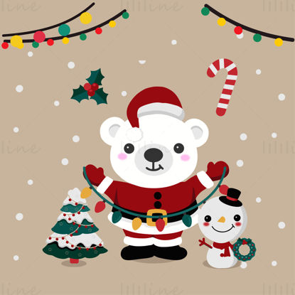 Christmas white bear and snowman Christmas tree holiday elements vector