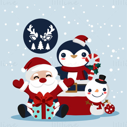 سانتا كلوز، البطريق، ثلج، هدية، جمع، شجرة عيد الميلاد، عطلة، العناصر، Vector