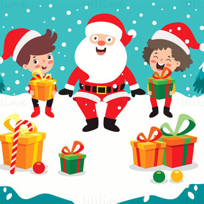 サンタ クロースと子供たちはクリスマスを楽しく祝い、贈り物や休日の要素のベクトルを保持しています。