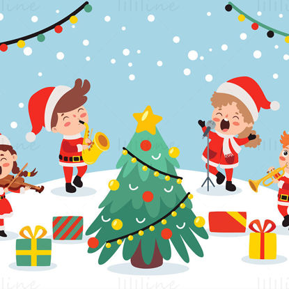 Bambini che indossano abiti rossi di Natale, suonano strumenti musicali e cantano il vettore degli elementi natalizi dell'albero di Natale