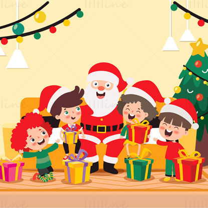 چهار کودک که دور بابا نوئل در درخت کریسمس نشسته‌اند و با وکتور عناصر تعطیلات هدایای کریسمس داستان می‌گویند