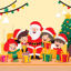 Four children sitting around Santa Claus at the Christmas tree telling stories with Christmas gifts holiday elements vector