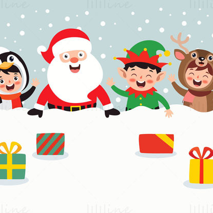 Santa Claus and three children in animal costumes celebrating holiday elements vector