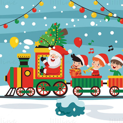 Santa Claus drives a train and children deliver gifts and sing Christmas elements vector