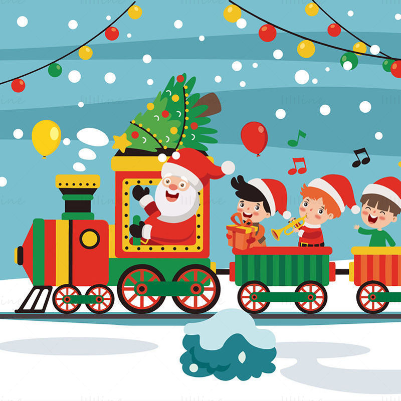 Santa Claus conduce un tren y los niños entregan regalos y cantan vectores de elementos navideños