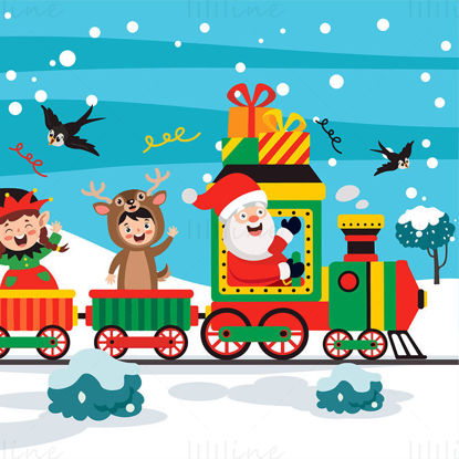 De Kerstman bestuurt een treintje met cadeautjes en neemt de kinderen mee om Kerstmis te vieren Slik de vector van dierlijke poppenkostuums, vakantie-elementen