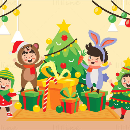 Julebarn mottar julegaver, juletre, dyredukker, ferieelementer vektor