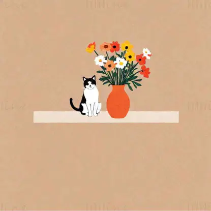 илустрација мачке и цвећа