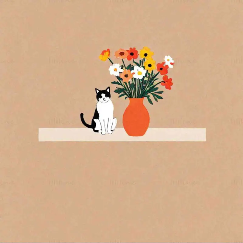 macska és virág illusztráció