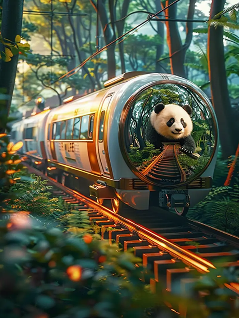 Baby panda and glass train illustration
