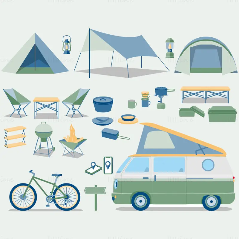 Flat outdoor camping bonfire RV bicycle tent campfire vector element icon