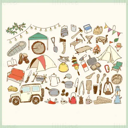 Flat hand drawn line style outdoor camping off-road campfire picnic sleeping bag vector icon element