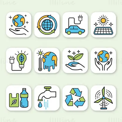 Environmental protection solar energy wind energy save water protect the earth flat vector icon