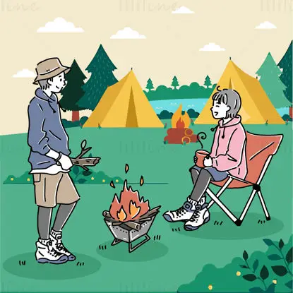 Cartoon flat outdoor camping boys and girls campfire coffee picnic vector illustration