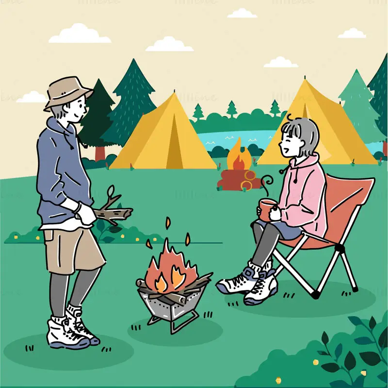 Cartoon flache Outdoor-Camping-Jungen und Mädchen Lagerfeuer Kaffee Picknick Vektor-Illustration