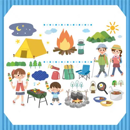 Cartoon flat outdoor camping family bonfire barbecue picnic vector design elements