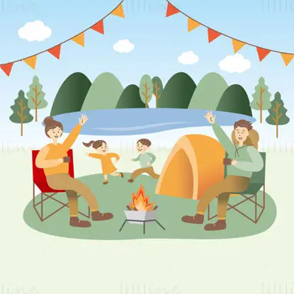 Cartoon flat style outdoor family camping bonfire picnic coffee vector illustration
