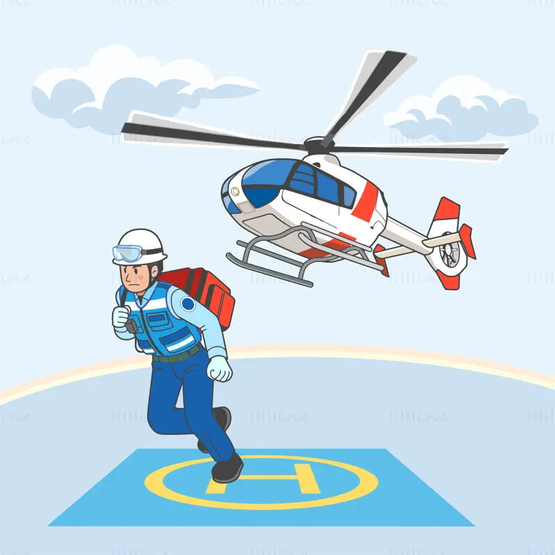 Cartoon flat hand drawn rescue helicopter vector illustration
