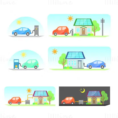 Cartoon flat new energy vehicle energy replenishment solar energy environmental protection charging vector elements