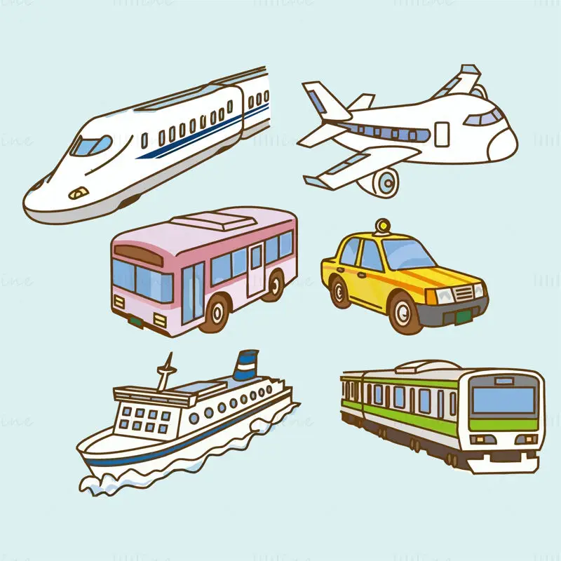 Cartoon cute flat style transportation high-speed rail ship bus airplane vector elements