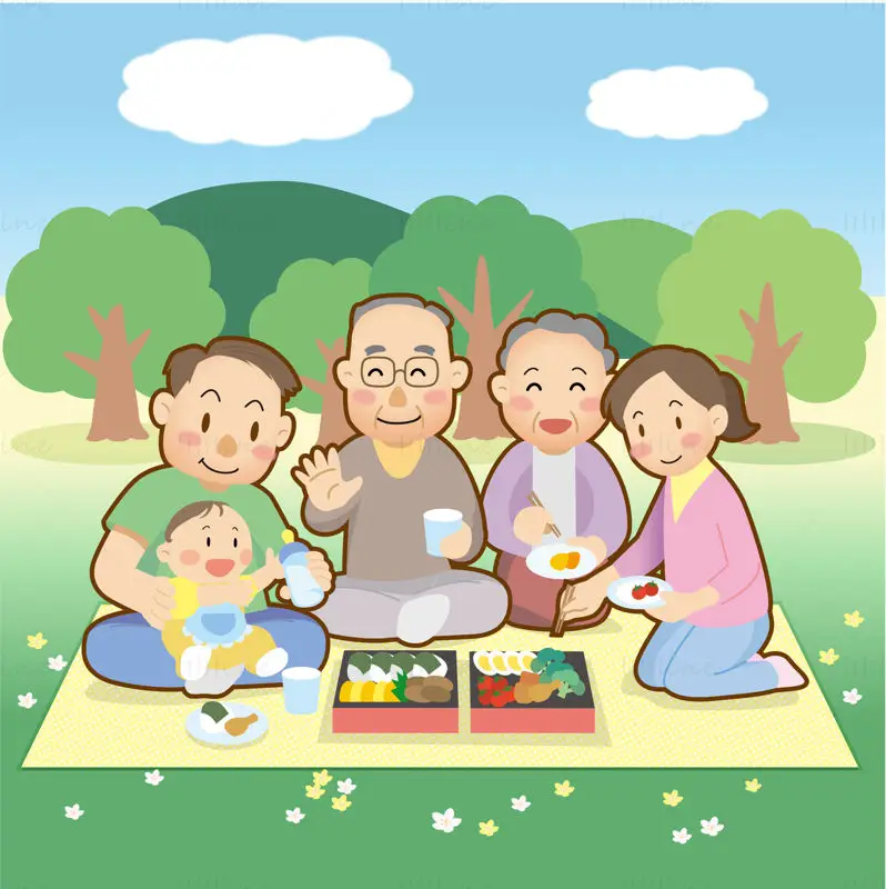 Cartoon cute flat style family having a happy outdoor picnic vector illustration