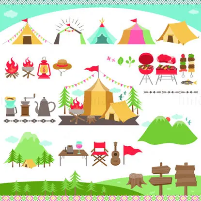 Cartoon cute flat style outdoor camping tent coffee bonfire vector elements
