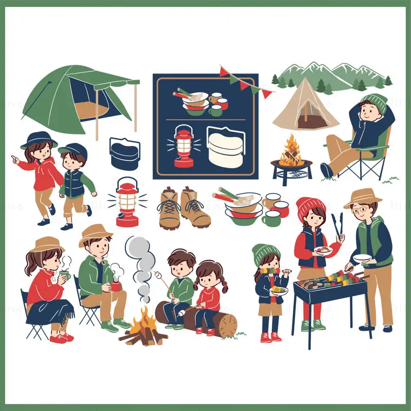 Cartoon cute flat hand-painted style outdoor camping barbecue picnic vector elements