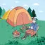 Desen animat drăguț desenat manual stil plat în aer liber camping fată citind carte de foc de tabără ilustrație vectorială